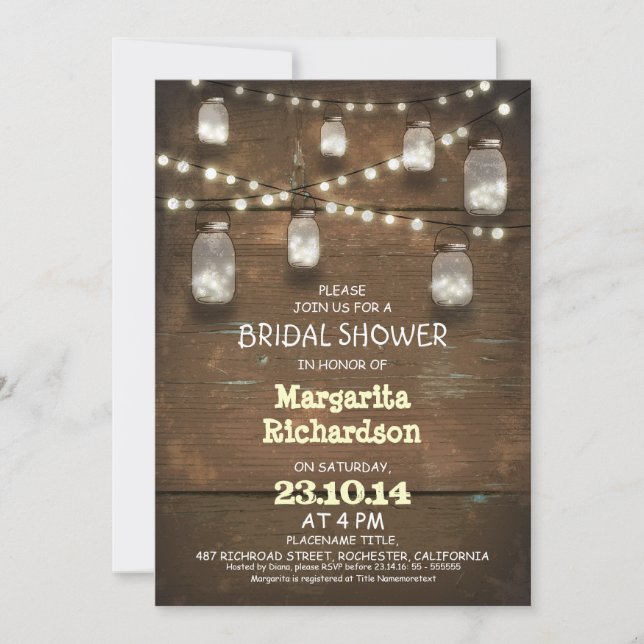 rustic mason jars with lights bridal shower invite (Front)