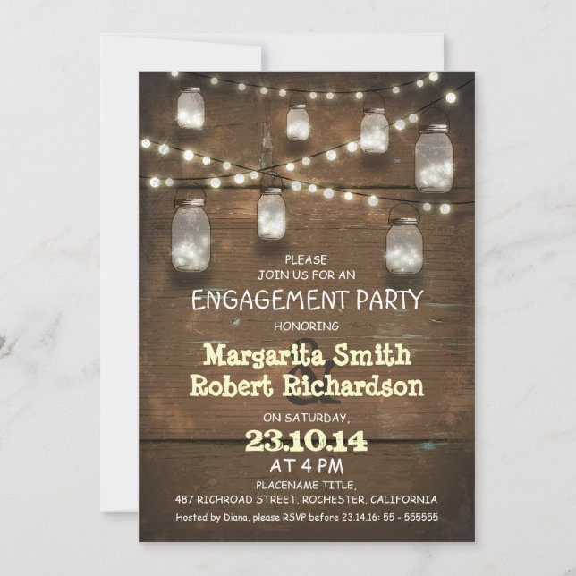 rustic mason jars with lights engagement party invitation (Front)