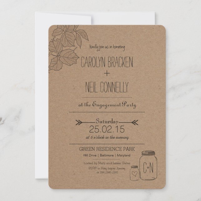 Rustic Masonjar | Leaves | Heart Engagement Party Invitation (Front)