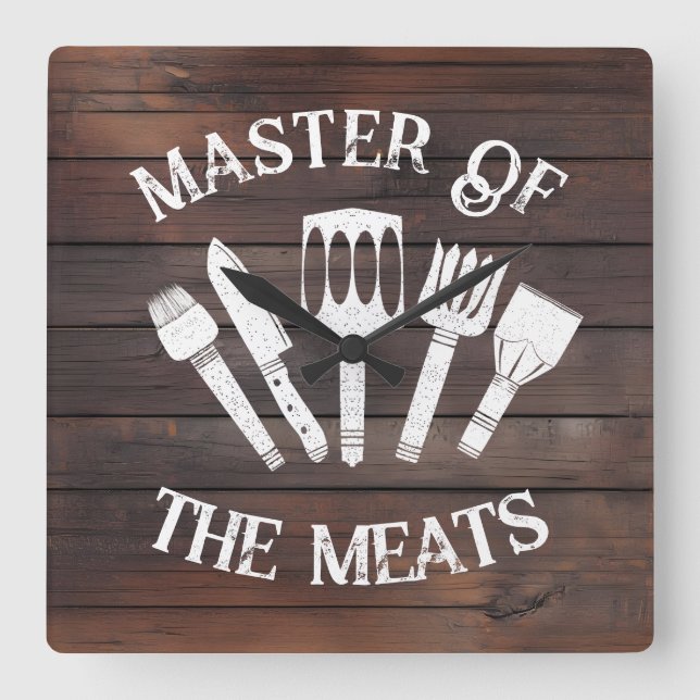 Rustic ‘Master of the Meats’ – Funny BBQ Gift  Square Wall Clock (Front)