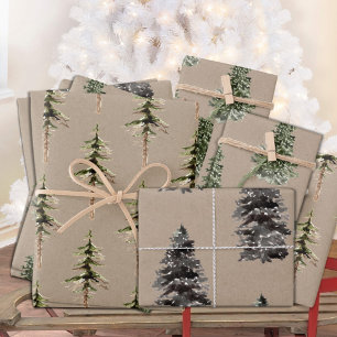Rustic Matte Kraft Winter Woodland Spruce Trees Wrapping Paper Sheet