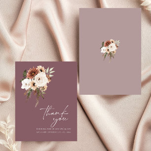 Rustic Mauve Peach Floral Script Wedding Thank You Card