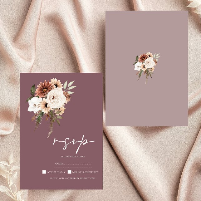 Rustic Mauve Peach Floral Wedding RSVP Card (Rustic Purple and Peach Floral Wedding RSVP Card)
