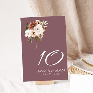 Rustic Mauve Peach Floral Wedding Table Number