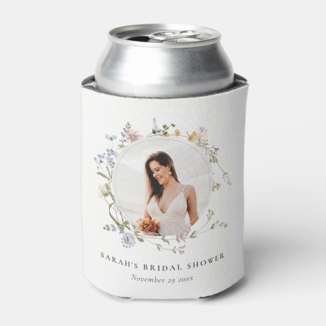 Rustic Meadow Floral Wreath Photo Bridal Shower Can Cooler (Can Front)