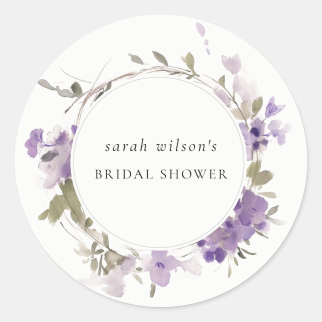 Rustic Meadow Lilac Floral Wreath Bridal Shower Classic Round Sticker (Front)