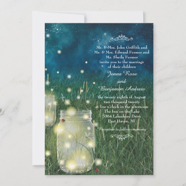 Rustic Meadow Night Mason Jar Firefly Wedding Invitation (Front)