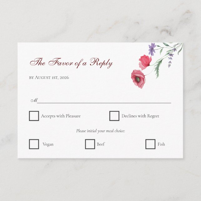 Rustic Meadow Poppy & Lavender Watercolor Wedding Enclosure Card (Front)