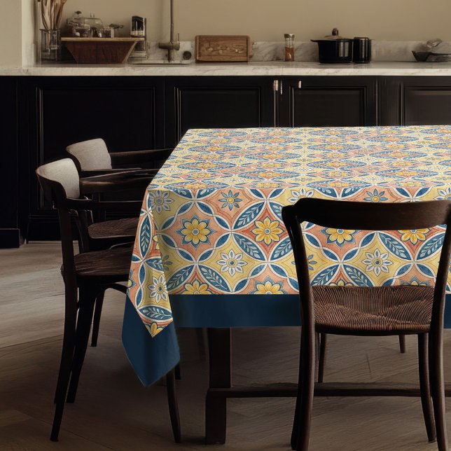 Rustic Mediterranean blue and pink tiles yellow Tablecloth (Rustic Mediterranean blue and pink tiles yellow Tablecloth)