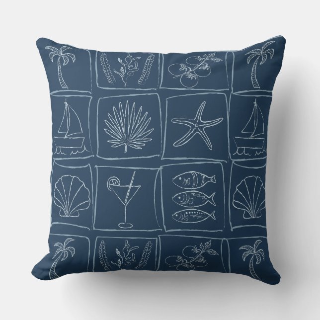 Rustic Mediterranean Coastal Tile Nautical Navy Outdoor Pillow (Front)