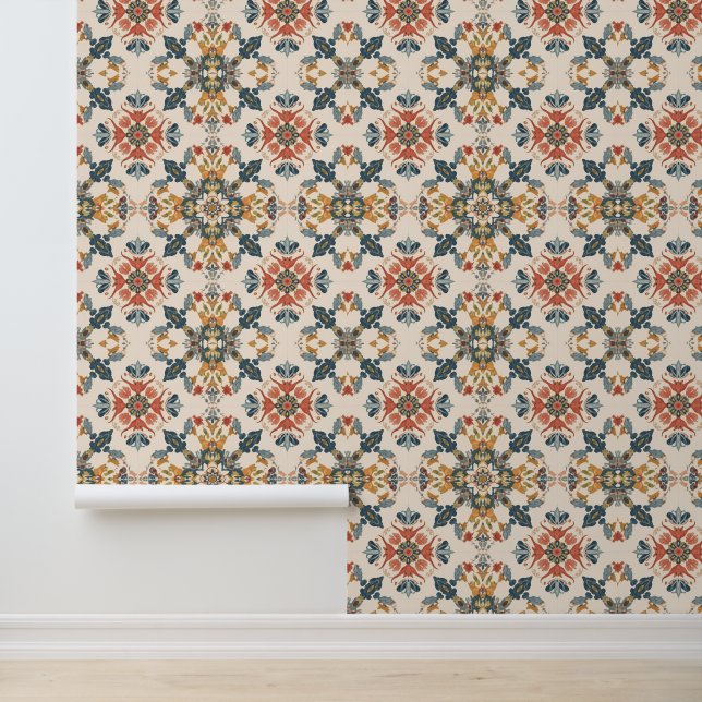 Rustic Mediterranean Floral Tile Pattern Wallpaper (Application)