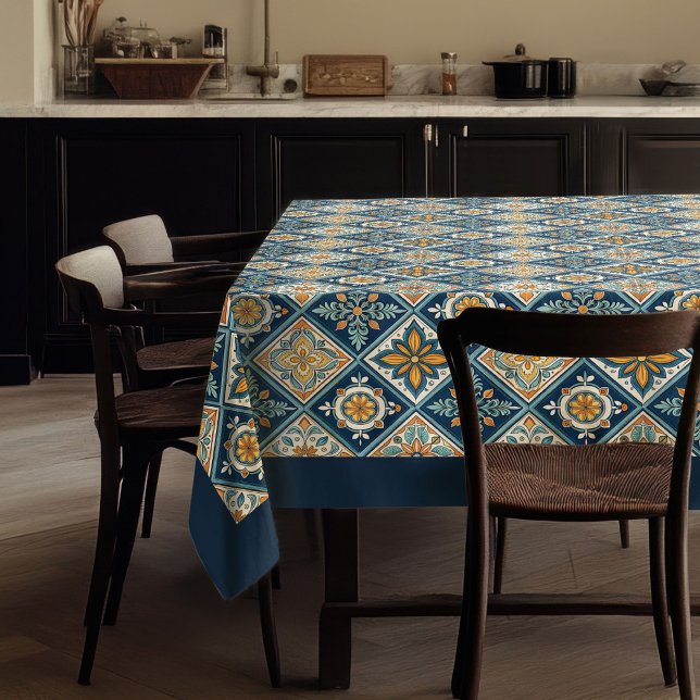 Rustic Mediterranean navy blue orange tiles boho Tablecloth (Rustic Mediterranean navy blue orange tiles boho Tablecloth)
