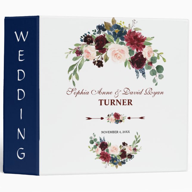 Rustic Merlot Navy Blue Blush Floral Wedding Album Binder (Front/Spine)