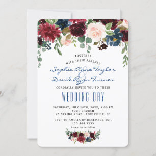 Rustic Merlot Navy Blue Blush Floral Wedding Invitation