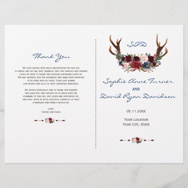 Rustic Merlot Navy Floral Antlers Wedding Program (Front)