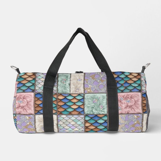 Rustic Mermaid Fairytale Faux Patchwork Monogram Duffle Bag (Front)