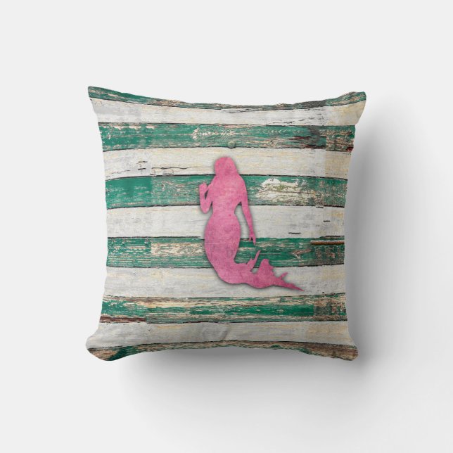 Rustic Mermaid (Pink & Green) Throw Pillow (Front)