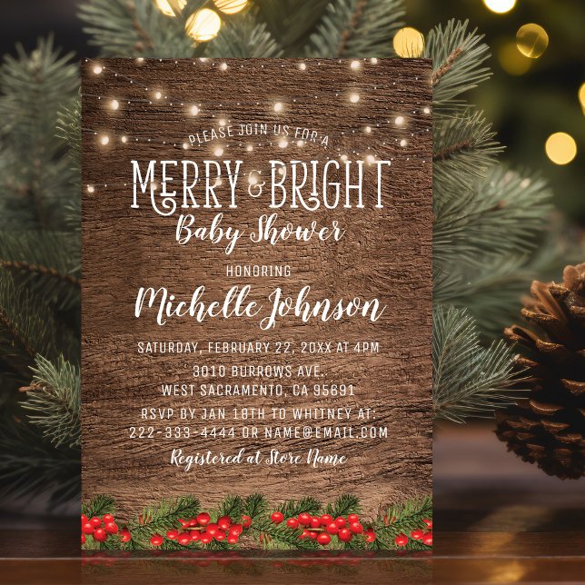 Rustic Merry & Bright Christmas Lights Baby Shower Invitation (Creator Uploaded)