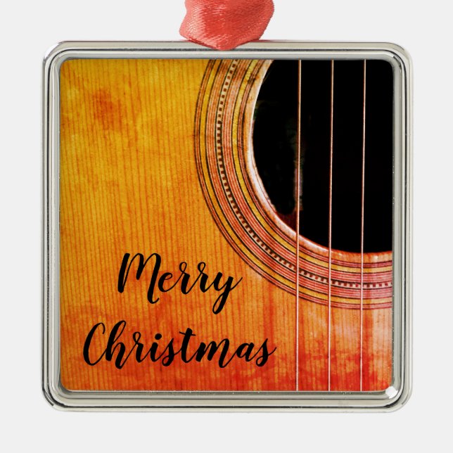 Rustic Merry Christmas Acoustic Guitar Metal Ornament (Front)