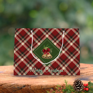 Rustic Merry Christmas Bell Red Green Gingham  Large Gift Bag