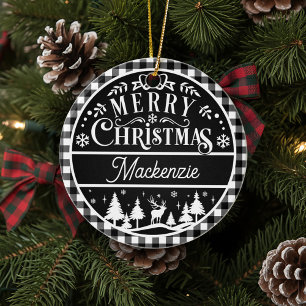 Rustic Merry Christmas Black & White Plaid Custom Ceramic Ornament