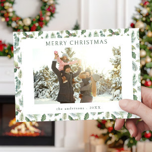 Rustic Merry Christmas Botanical Photo Holiday Card