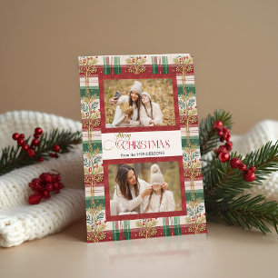 Rustic Merry Christmas Botanical Plaid 2 Photo Holiday Card