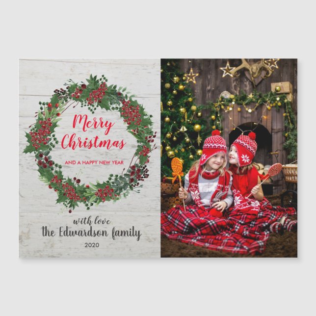Rustic Merry Christmas family magnetic photo card (Front)