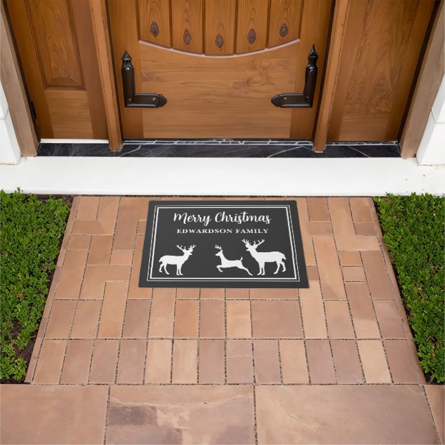 Rustic Merry Christmas family name deer Doormat (Outdoor)
