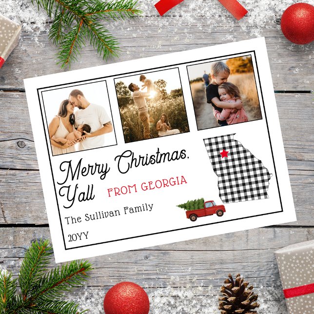 Rustic Merry Christmas from Georgia Photo Holiday (Rustic "Merry Christmas Y'all from Georgia" Three Photo and State Holiday Postcard)