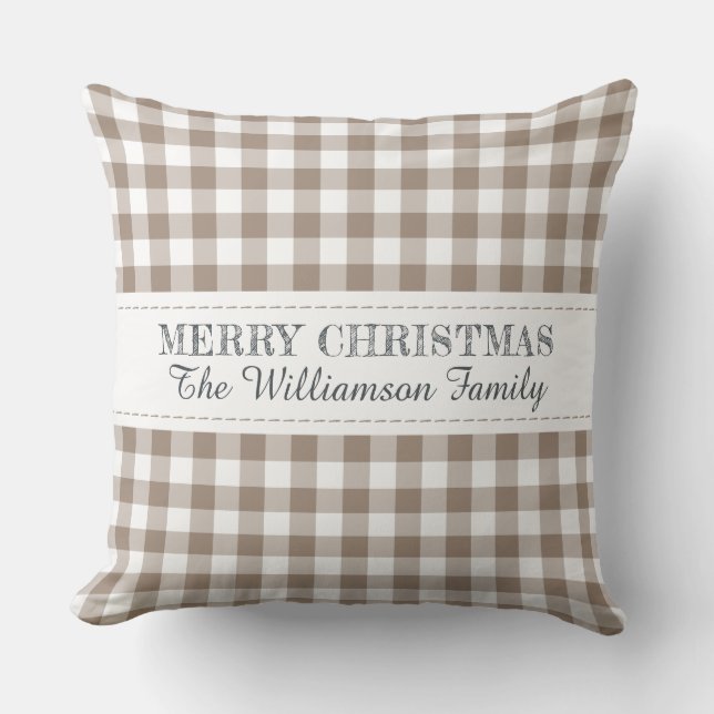 Rustic Merry Christmas Gingham Monogram Name Throw Pillow (Front)