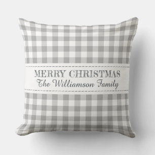 Rustic Merry Christmas Gingham Monogram Name Throw Pillow