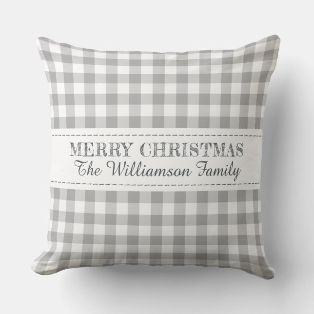Rustic Merry Christmas Gingham Monogram Name Throw Pillow (Front)