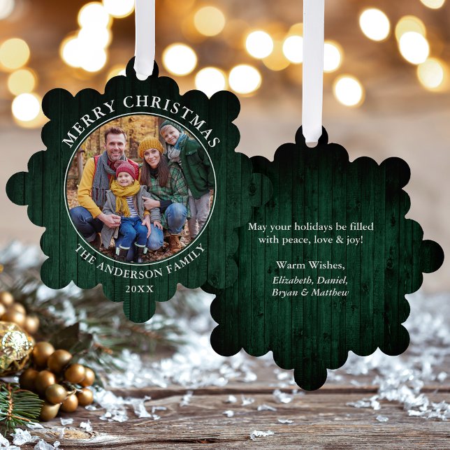 Rustic Merry Christmas Green Wood Print Ornament Card (A greeting card that is also an ornament! Customize with your photo and personalized text.)
