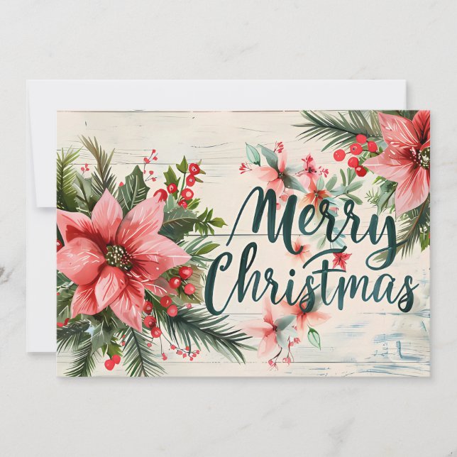 Rustic Merry Christmas Greeting Card with Flowers (Front)