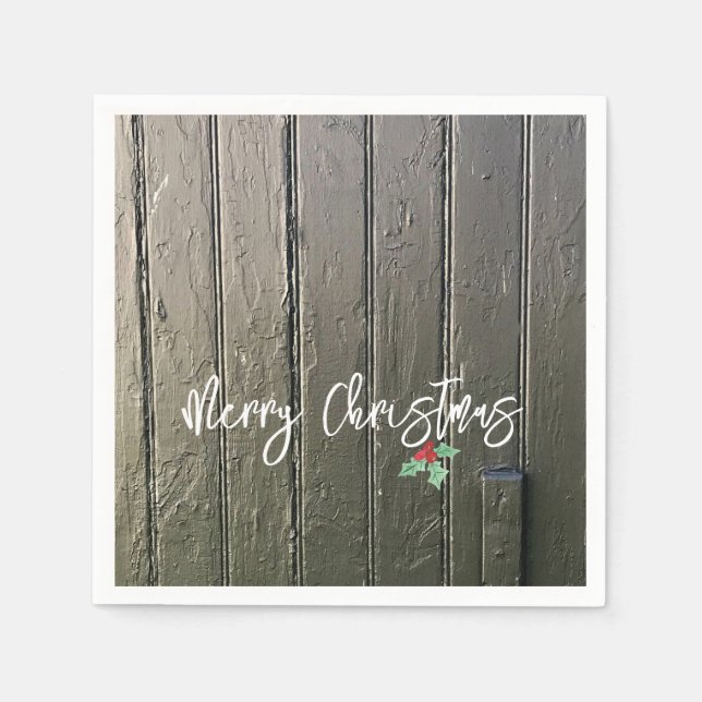 Rustic Merry Christmas Holly Black Barn Door Farm Napkin (Front)
