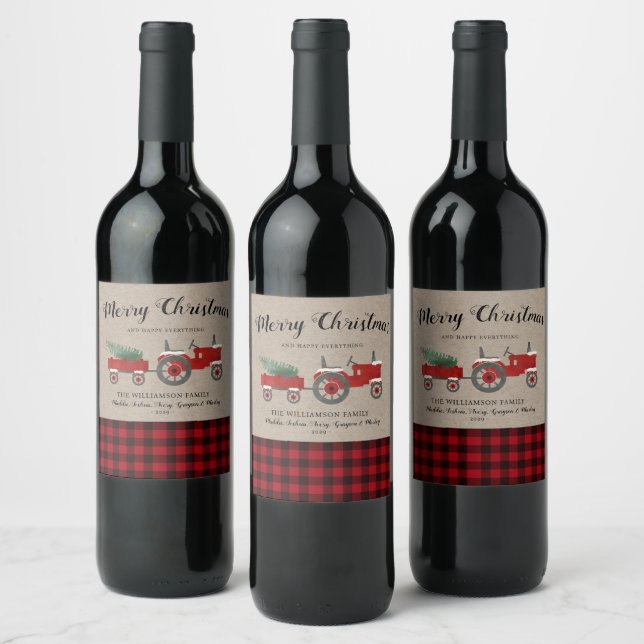 Rustic Merry Christmas Red Plaid Holiday  Wine Label (Bottles)