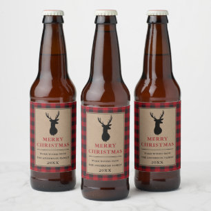 Rustic Merry Christmas Red Plaid Kraft Beer Bottle Label