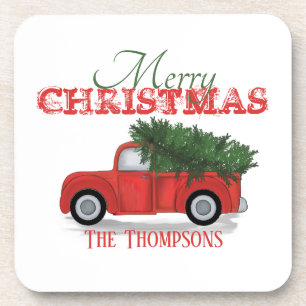 Rustic Merry Christmas Red Truck Cute Custom Coaster