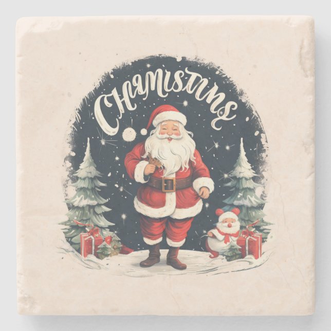 Rustic Merry Christmas & Santa Cause Stone Coaster (Front)