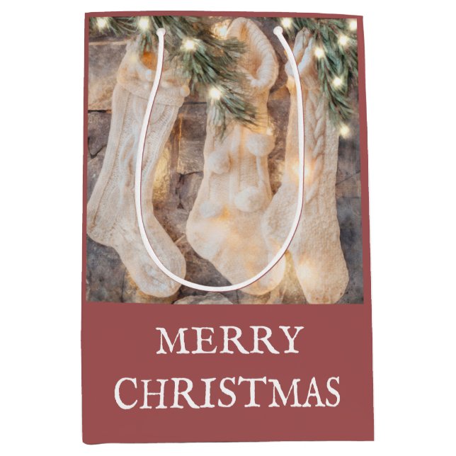 Rustic Merry Christmas Stockings Pine Boughs Medium Gift Bag (Front)