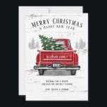 Rustic Merry Christmas Tree Vintage Red Truck Name Holiday Card<br><div class="desc">Send warm wishes this holiday season with one of our custom rustic flat cards. This farmhouse inspired design features a vintage red truck with a Christmas tree in the back on a background of pine trees and white and grey weathered wood. The card reads "Merry Christmas & Happy New Year"...</div>