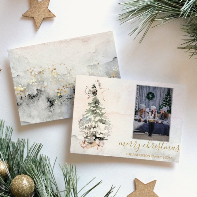 Rustic Merry Christmas Tree Watercolor Photo Holiday Card (Creator Uploaded)