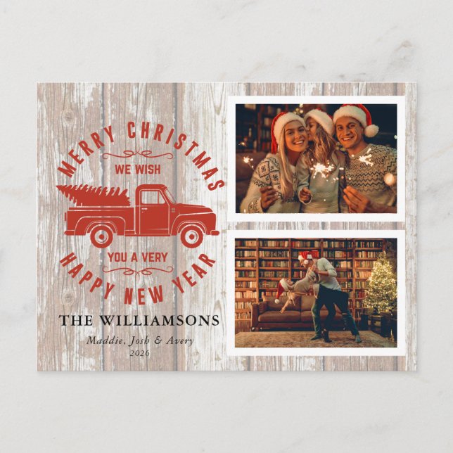 Rustic Merry Christmas Tree Wood Red Truck 2 Photo Holiday Postcard (Front)