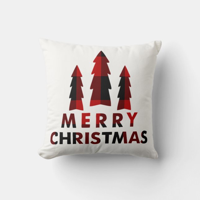 Rustic Merry Christmas Trees Red Buffalo Plaid Throw Pillow (Front)