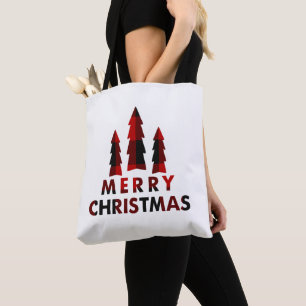 Rustic Merry Christmas Trees Red Buffalo Plaid Tote Bag