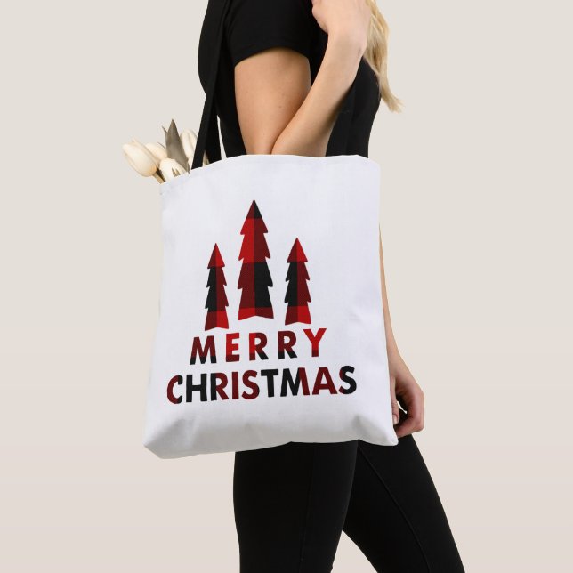 Rustic Merry Christmas Trees Red Buffalo Plaid Tote Bag (Close Up)