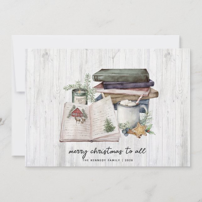 Rustic Merry Christmas White Wood Watercolor  Holiday Card (Front)