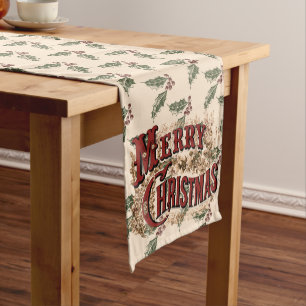Rustic "Merry Christmas" with Holly Table Runner