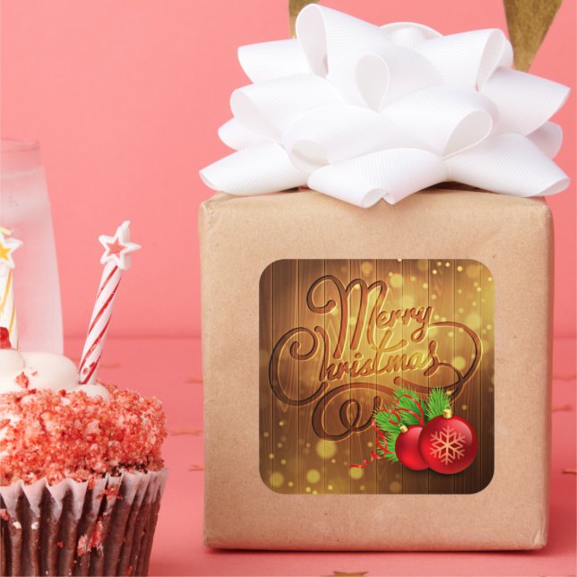 Rustic Merry Christmas Wooden Planks Pattern Square Sticker (Party)